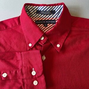 Tommy Hilfiger Mens Medium‎ Red Button Down Shirt Long Sleeve 
Cotton Heavy bold